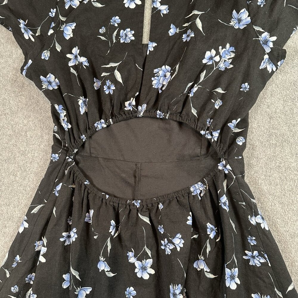 Floral Mini Dress Womens M Black Blue Fit Flare Cutout Back Square Neck - Picture 11 of 12
